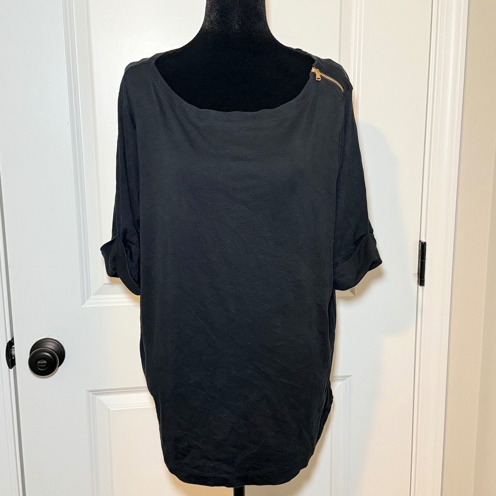 Lauren Ralph Lauren Women 2X Black Shoulder Zip Cotton Short Sleeve Top Office